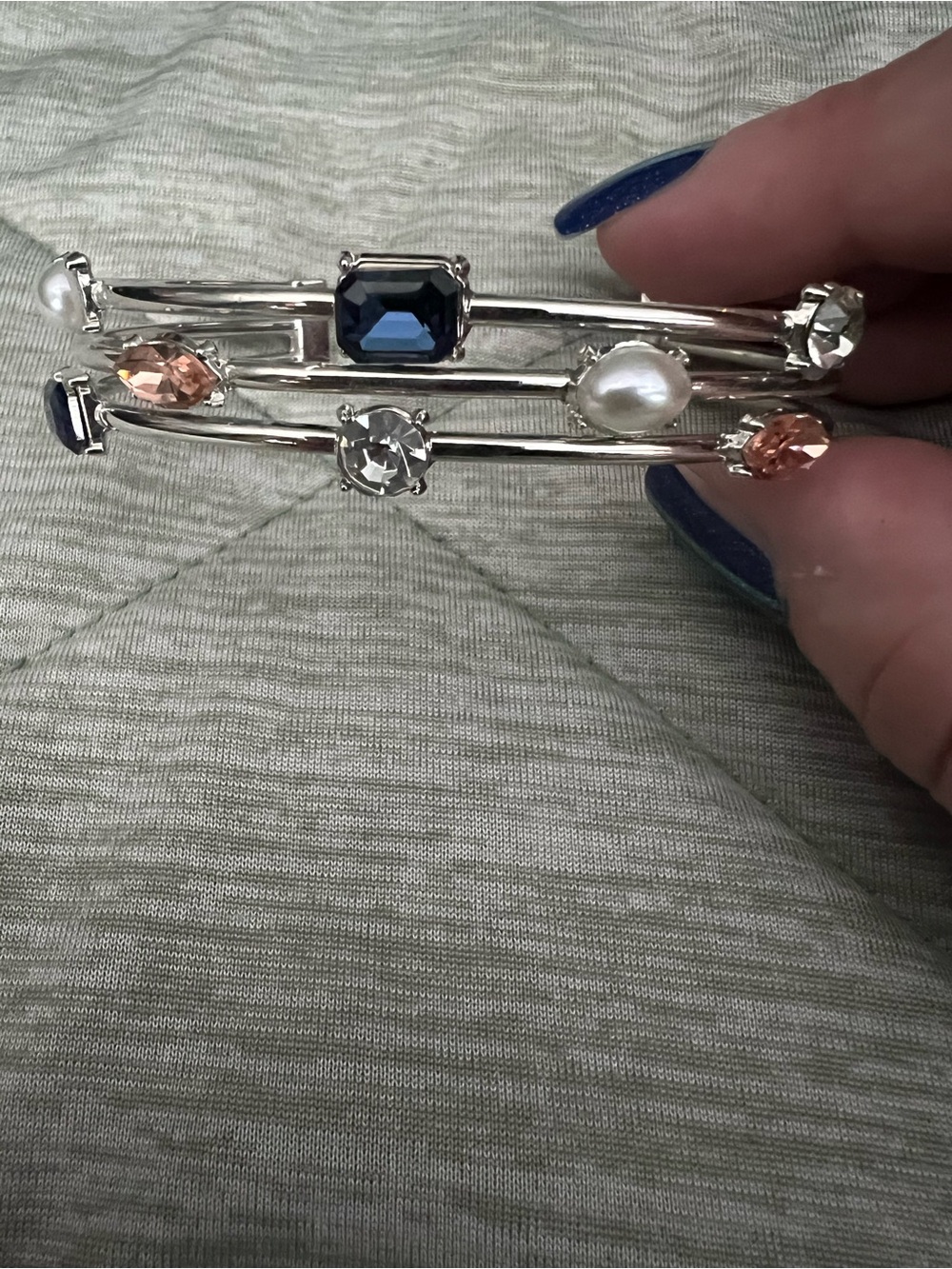 Paparazzi Silver Multi-Stone Bangle Bracelet with Blue, Peach and Pearl Accents